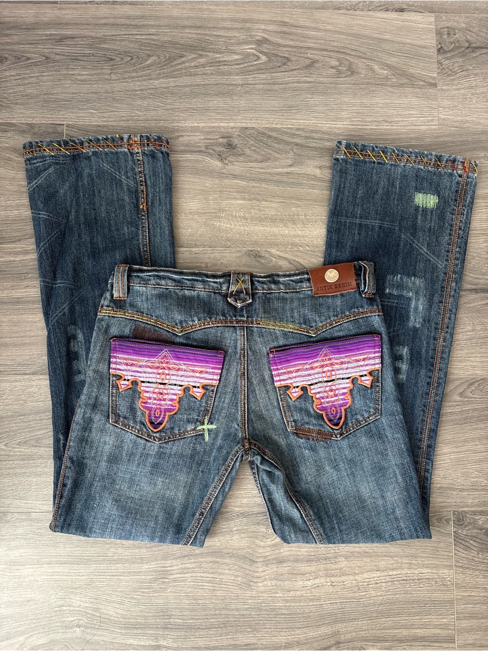Rock Revival Blue Denim Bootcut Jeans with Purple & Pink Pocket Embroidery